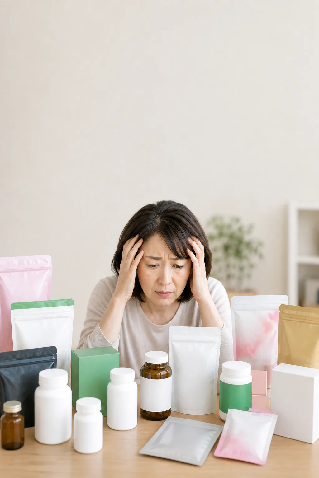 サプリや健康食品に囲まれて悩む女性