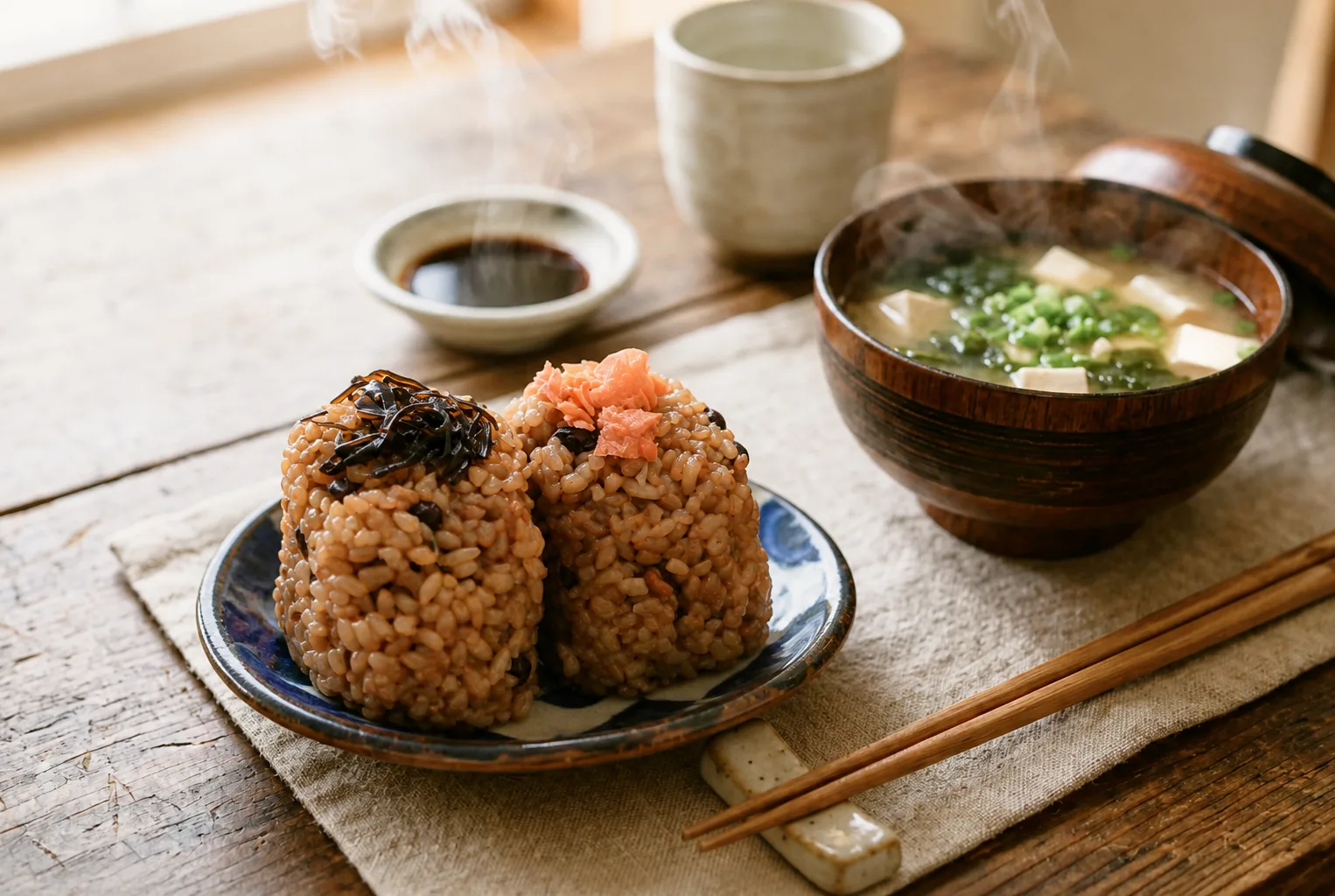 酵素玄米のおにぎりとお味噌汁の食卓