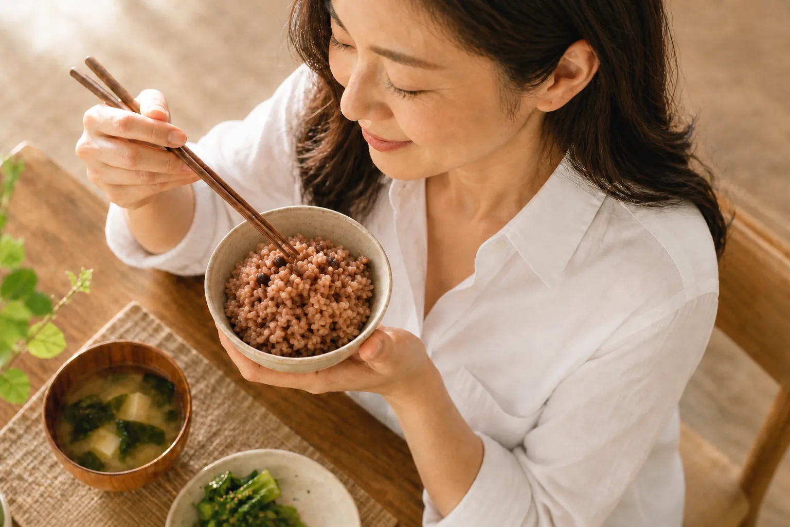 玄米ごはんを味わう女性
